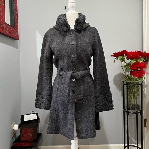 NEW Willi Smith Wool Classic Belted Longline Knit Swing Embellished Car Coat S - Picture 13 of 16